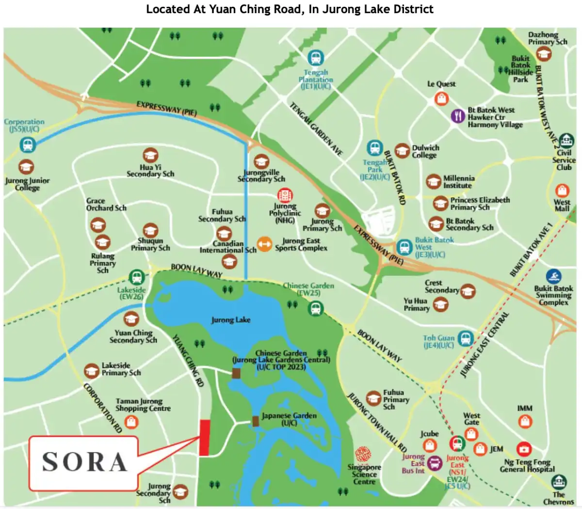 Sora condo location map showing Jurong Lake Gardens, Jurong Lake District, Chinese Garden MRT and Lakeside MRT in District 22
