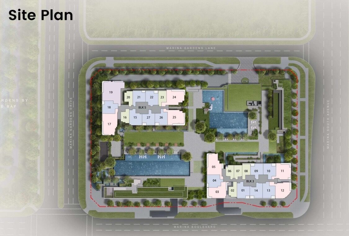 One Marina Gardens site plan showing the 44-storey and 30-storey tower stack layout, landscape deck, lap pool and facilities between Marina Gardens Lane and Marina Boulevard