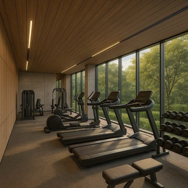 Modern gym with floor-to-ceiling windows and premium equipment