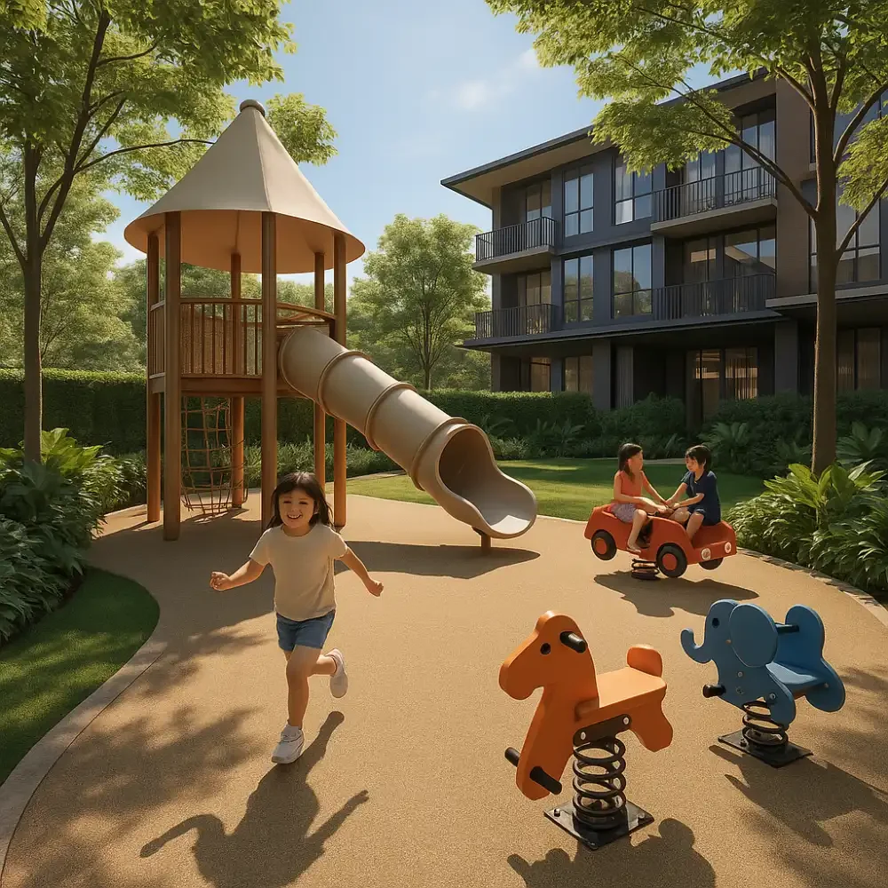 Children’s play area with slides, spring rides and greenery at Faber Residence