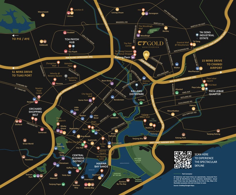 CT Gold @ MacPherson location map showing nearby MRT, expressways, amenities and business hubs