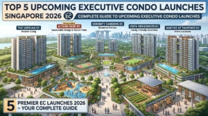 Executive condo launch 2026 map showing Singapore's 5 upcoming ECs: Solano Grand, Wynwood Grand, Sembawang Road EC, Woodlands Ave 12 EC and Miltonia Close EC