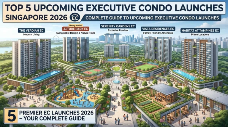 Executive condo launch 2026 map showing Singapore's 5 upcoming ECs: Solano Grand, Wynwood Grand, Sembawang Road EC, Woodlands Ave 12 EC and Miltonia Close EC