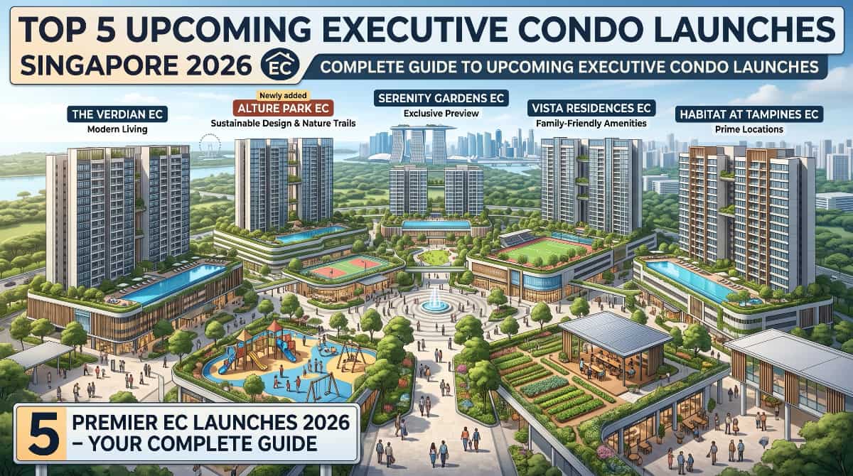 Executive condo launch 2026 map showing Singapore's 5 upcoming ECs: Solano Grand, Wynwood Grand, Sembawang Road EC, Woodlands Ave 12 EC and Miltonia Close EC