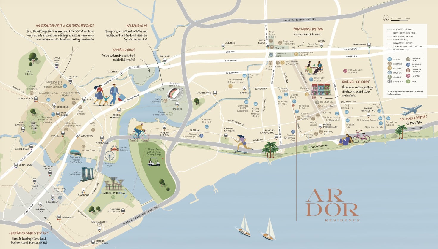 ARDOR Residence location map showing nearby MRT stations, schools, shopping malls, eateries and East Coast amenities