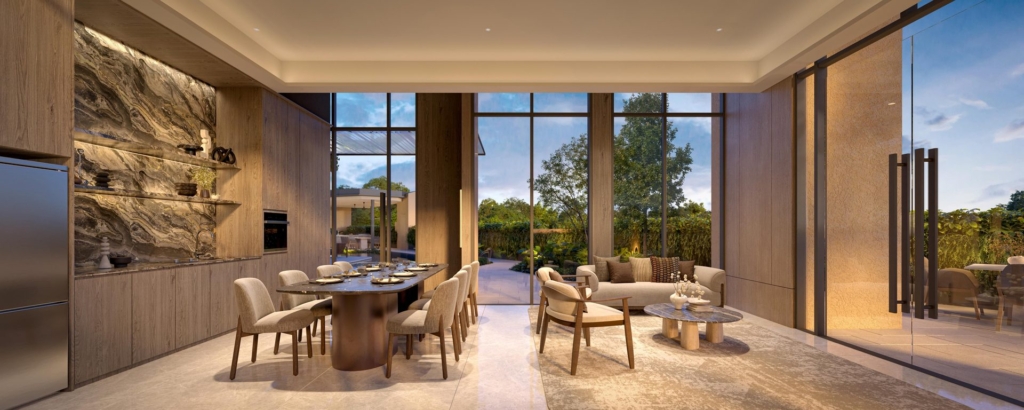 Clubhouse dining and lounge opening onto the pool deck at The Serra Residences, Novena Singapore