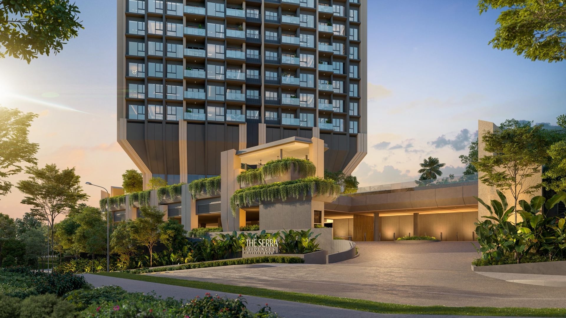 Arrival entrance and facade of The Serra Residences freehold condominium at 7 Bassein Road, Novena