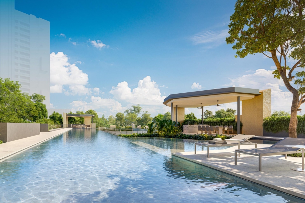 Lap pool, sun deck and poolside pavilion at The Serra Residences, a freehold condo in Novena District 11