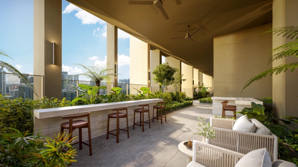 Elevated social terrace with bar counter and city skyline views at The Serra Residences, Novena District 11