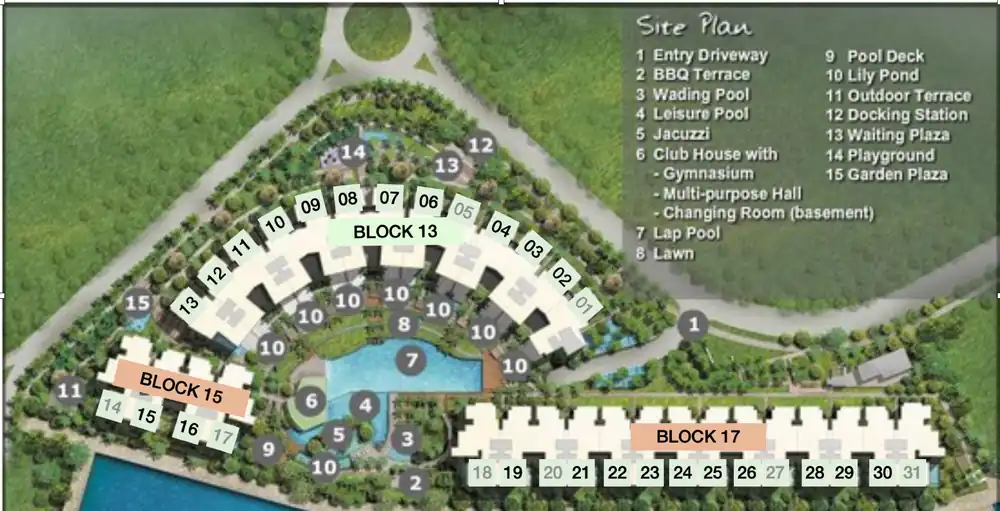 The Marina Collection site plan showing Blocks 13, 15 and 17 around the central pool